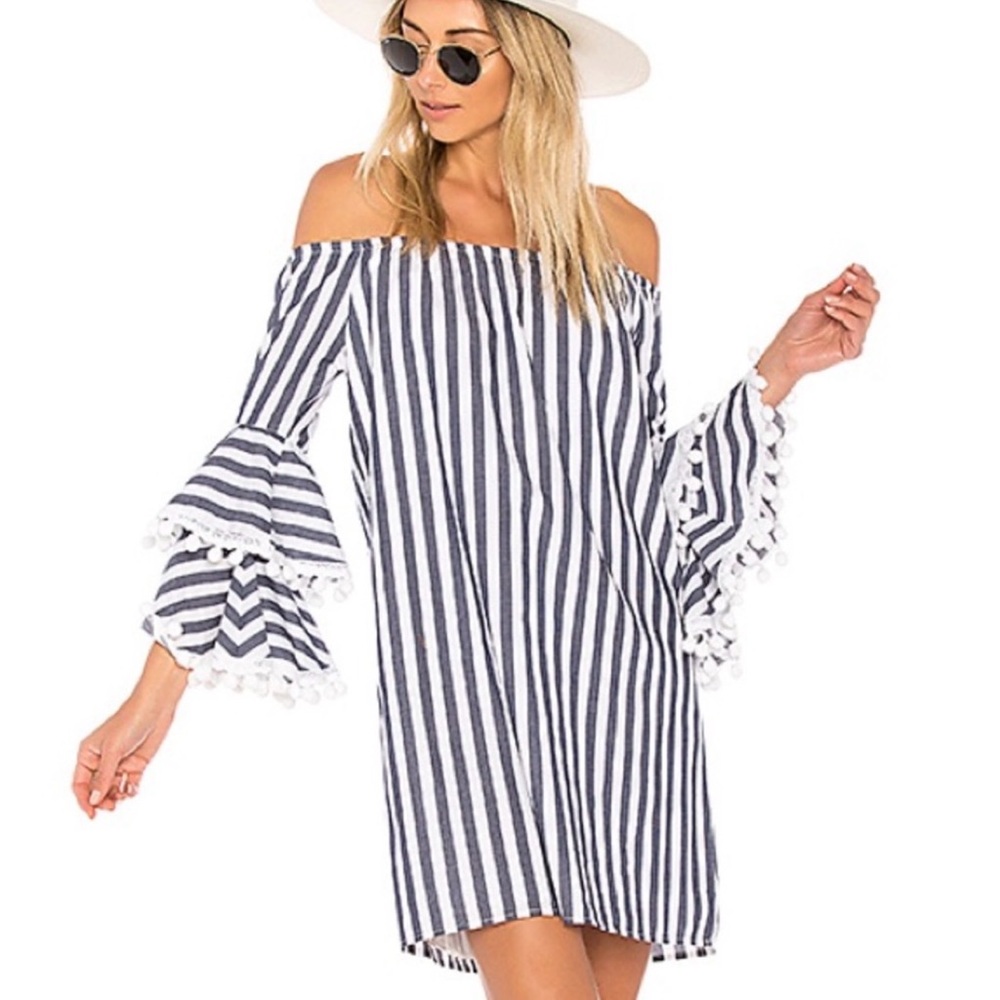 Vava by Joy Han Navy and White Off-Shoulder Stripe Pom-Pom dress
